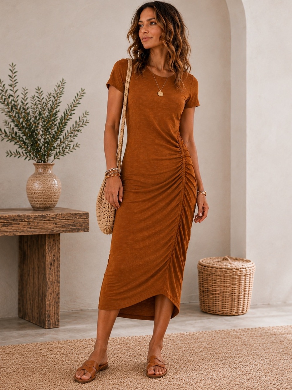 Ruched Cotton Bodycon Midi Dress | Asymmetrical Hem | Cinnamon Brown Boutique Mi